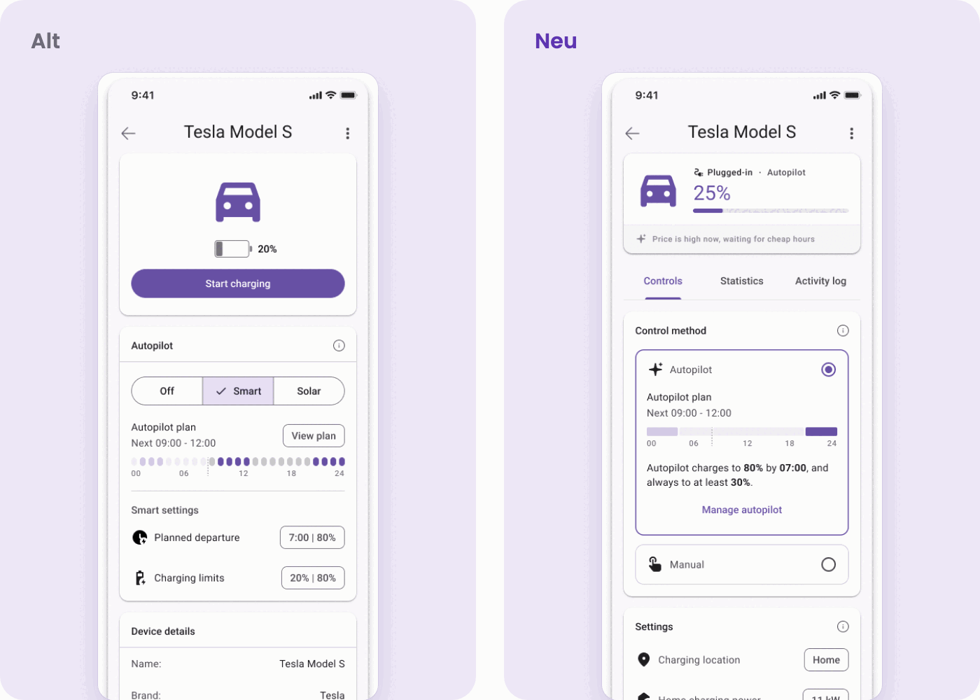 Der alte Geräte-Screen neben dem neuen: Live-Status oben, Autopilot oder manuell darunter.